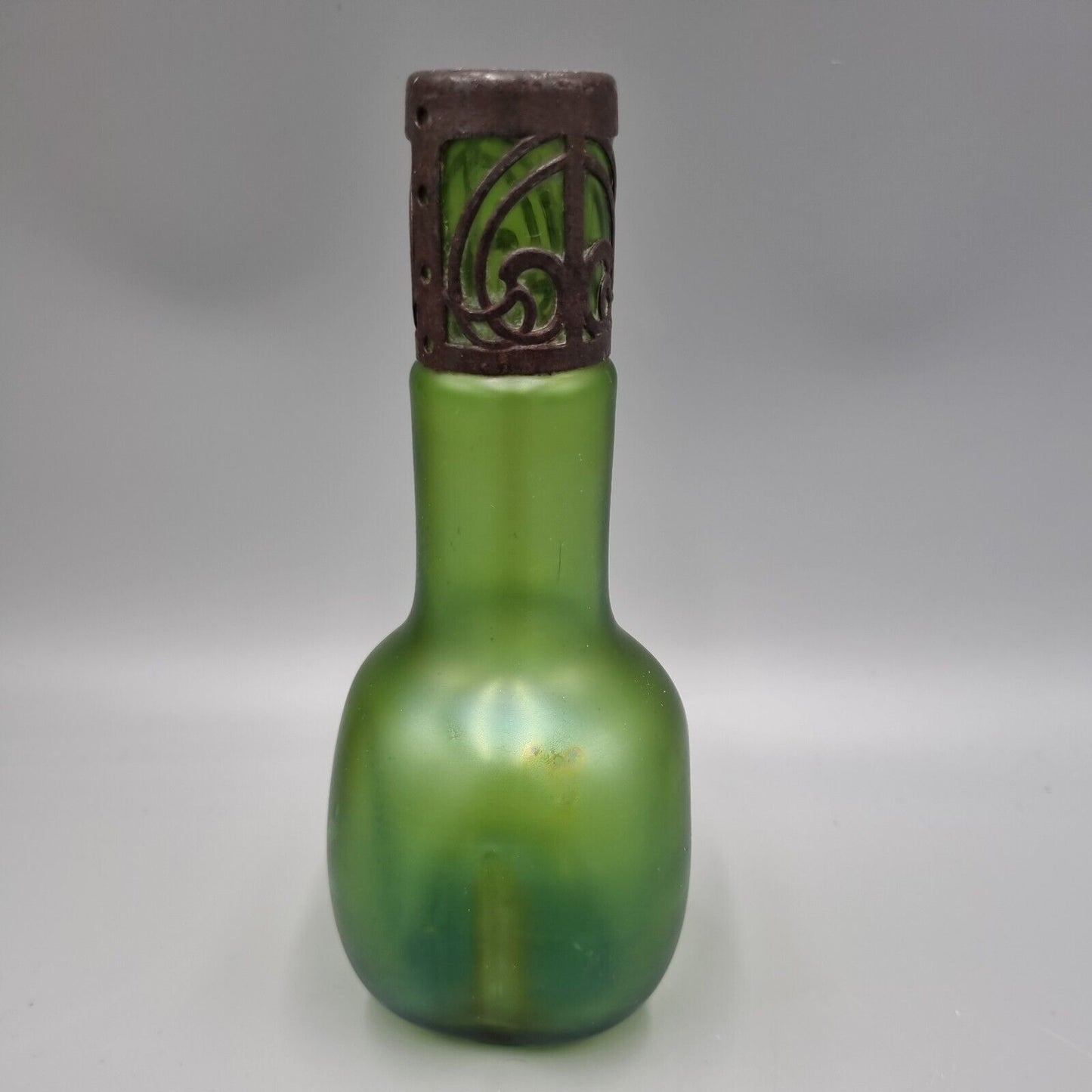 An Antique Loetz, Art Nouveau, Green Glass Metal Overlay Vase.