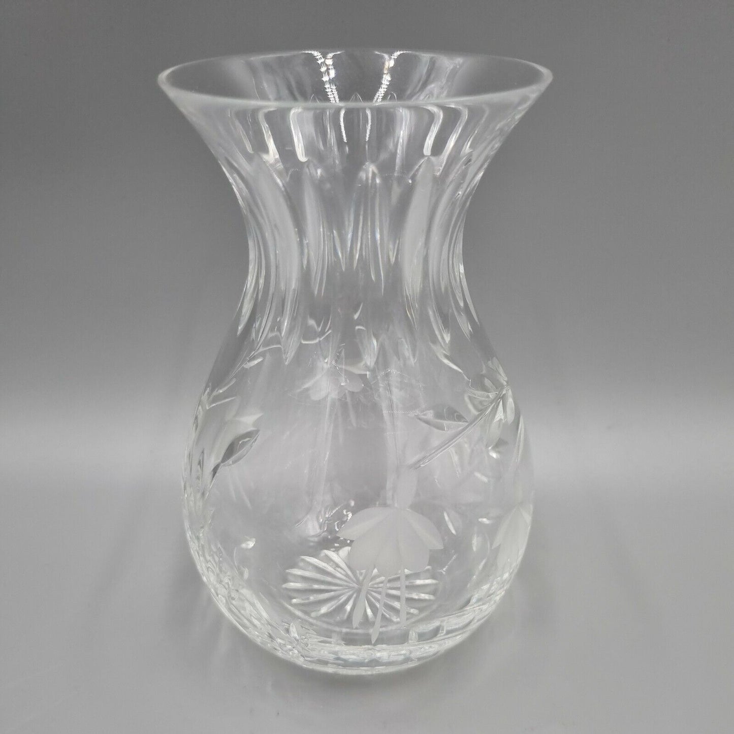 A Stuart Crystal Hand Engraved Bulb Vase, Fuchsia Design. VGC. H - 6".