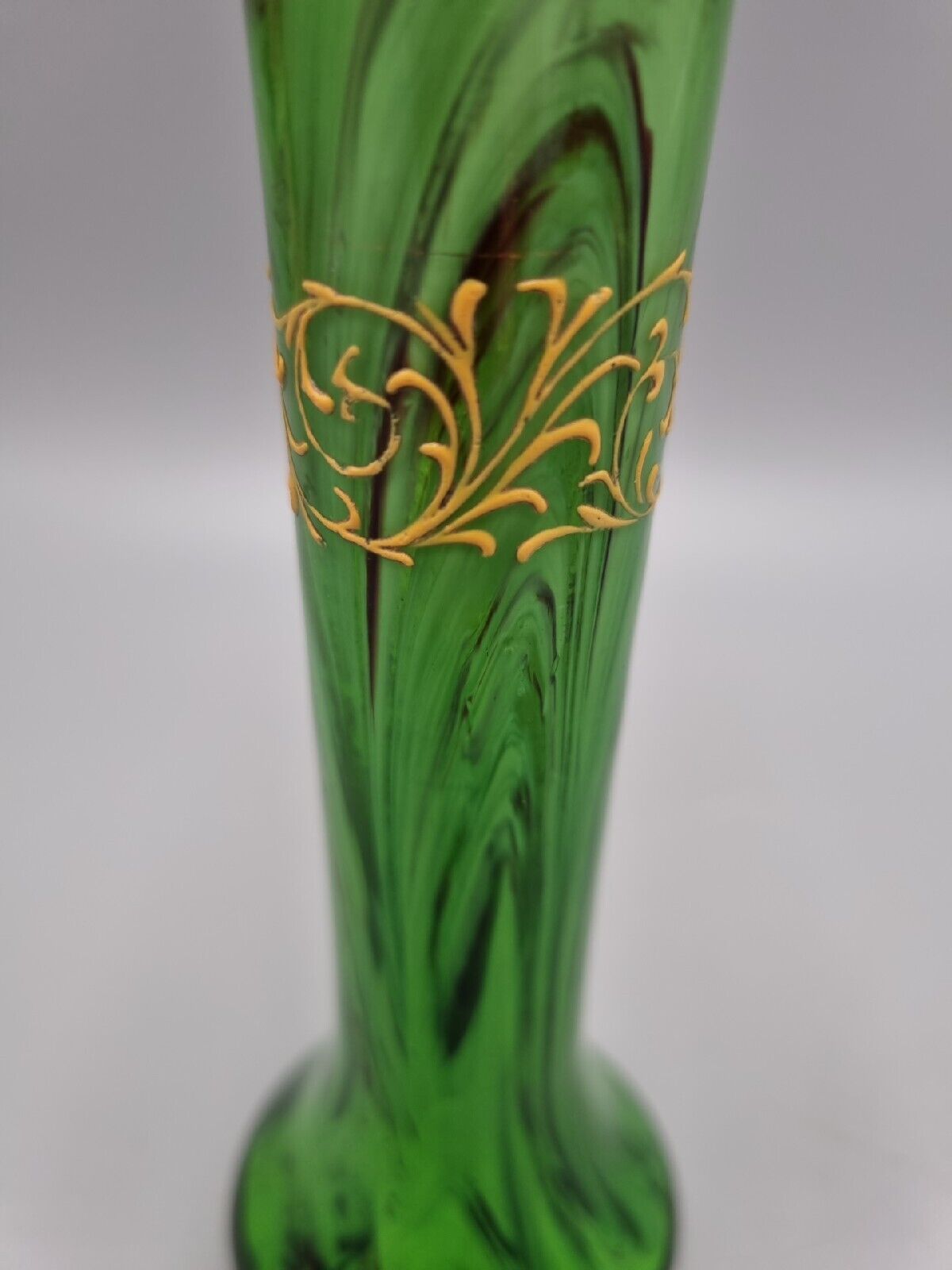 A Small Green Studio Glass Posy / Bud Spill Vase with Gold Enamel Decoration.