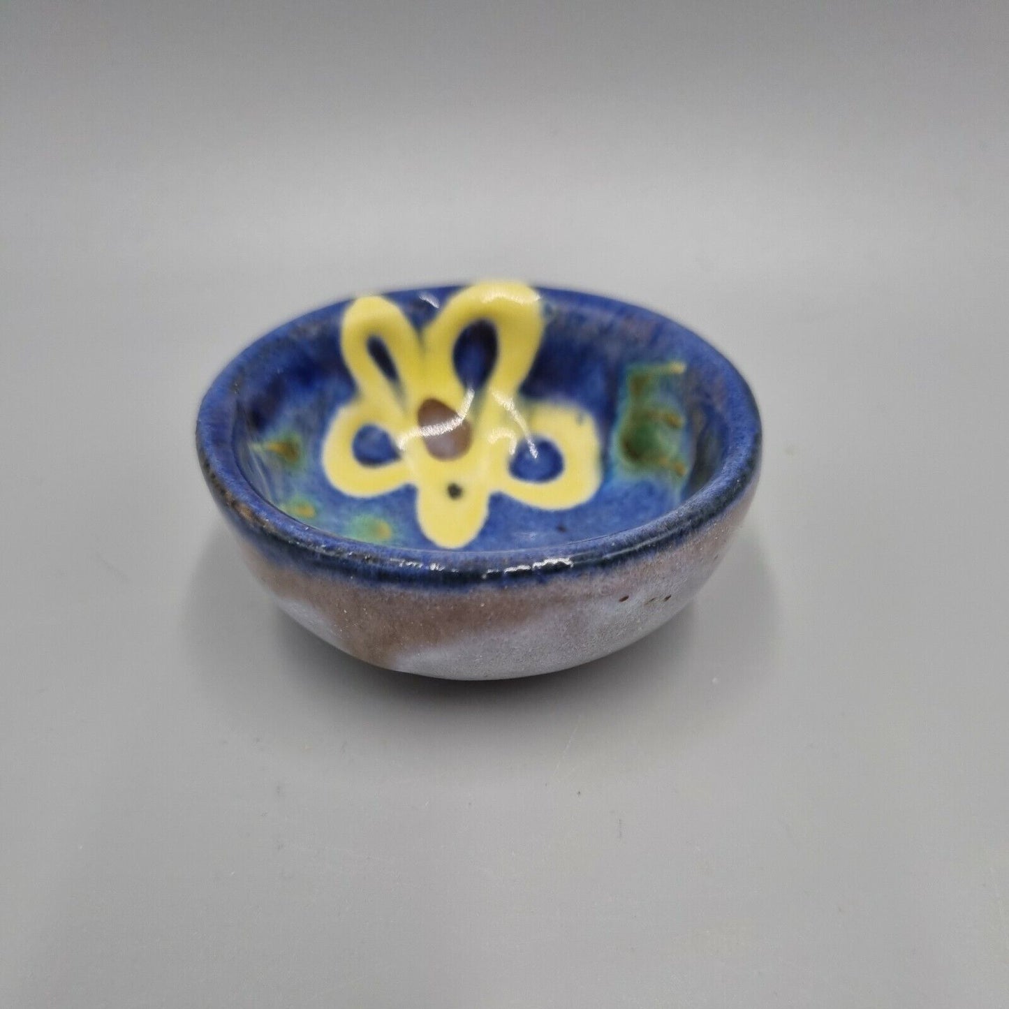 A Miniature Studio Pottery Bowl Brightly Decorated, VGC, Inscribed to base.