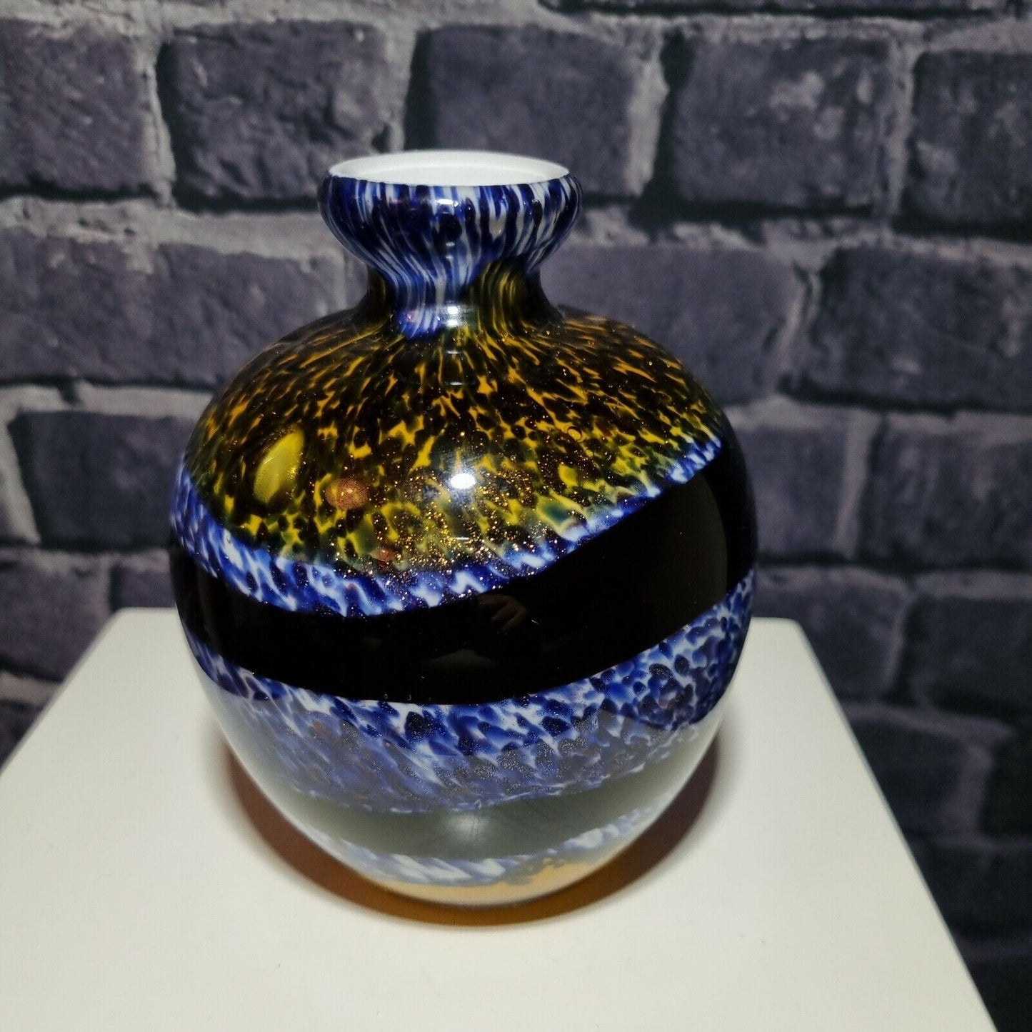 Studio Art Glass Bud Vase. Sparkling  Yellow and Purple Abstract. VGC.