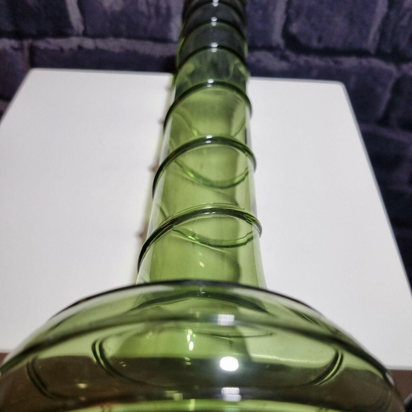 VINTAGE GLASS  Vase GREEN Hand-blown Spiral trail, crimp finish, Bohemian?