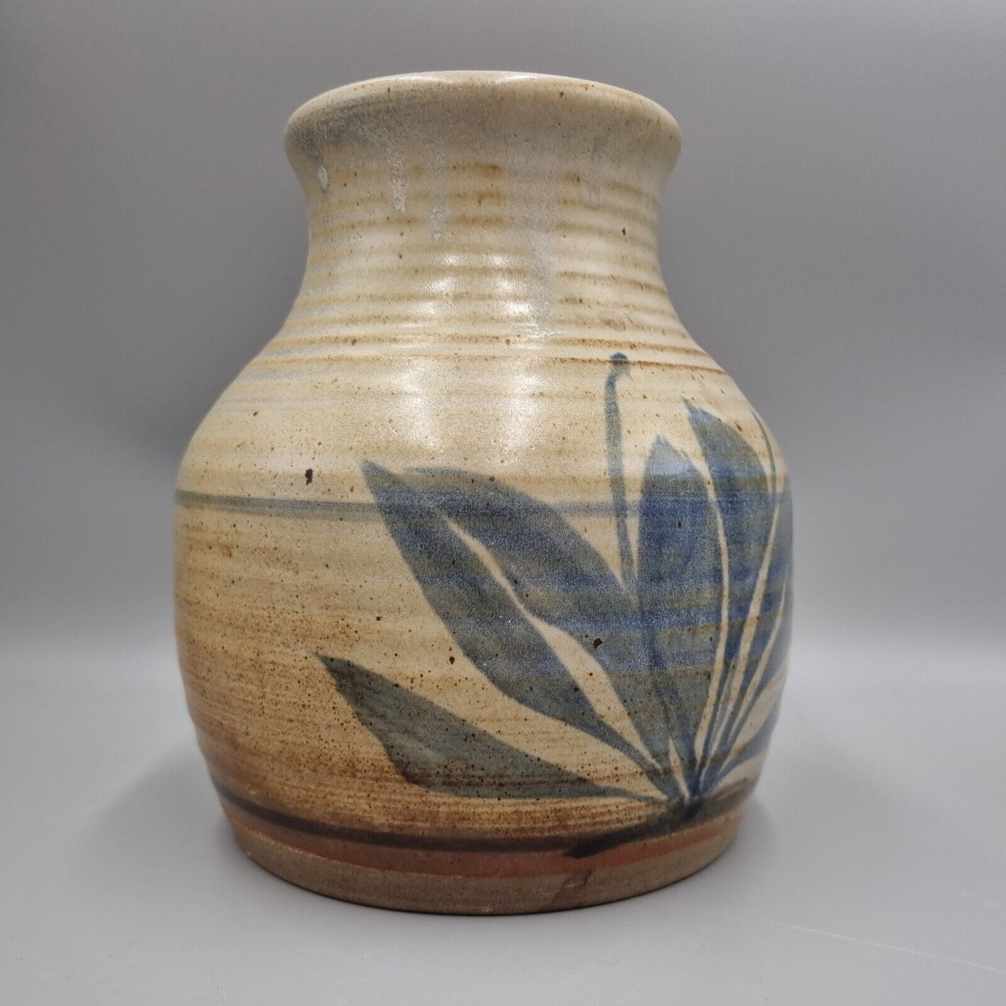 A Substantial Studio Pottery Vase, Blue Leaf Decoration. Unmarked.