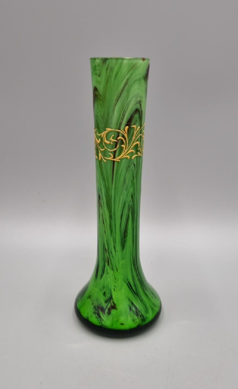 A Small Green Studio Glass Posy / Bud Spill Vase with Gold Enamel Decoration.