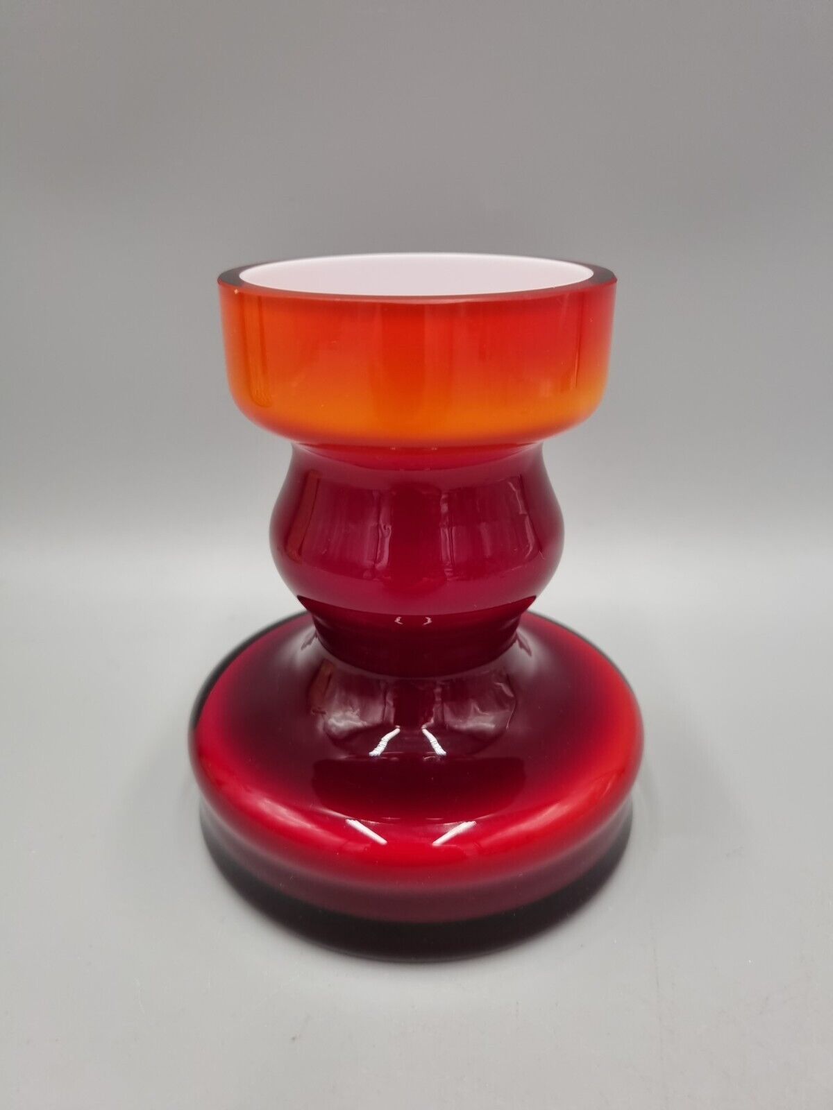 A Studio Glass Cased Red & White Glass Candlestick Holder From Poland.