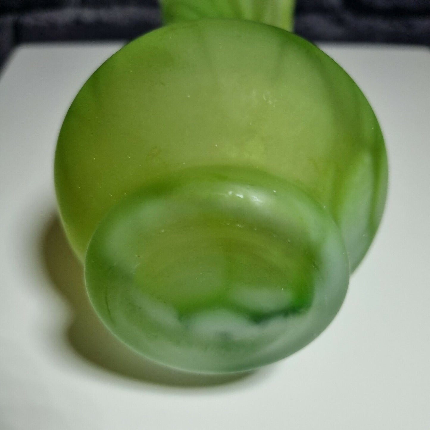 A green and White Frosted Vintage glass posy / bud vase with frilled mouth, VGC.