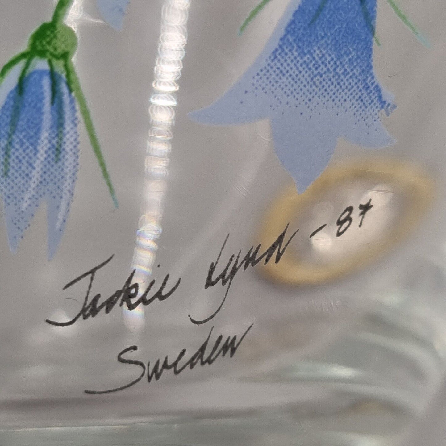 A Vintage Small Glass Vase Signed Jackie Lynd 1987, Sweden, Flowers.