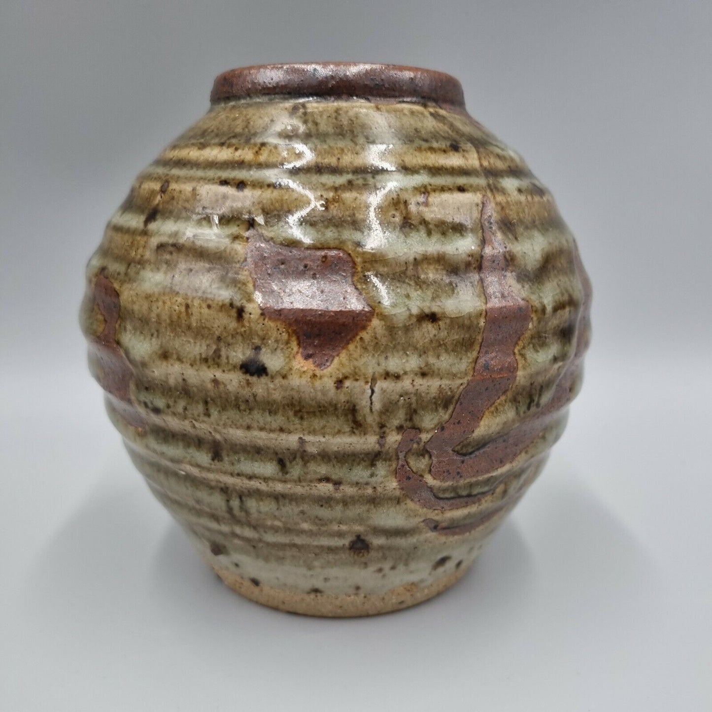 A Studio Pottery Bowl Vase, ribbed with Japanese Script, VGC.