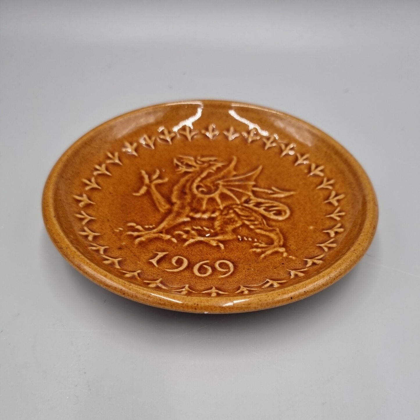 A Vintage Rye Pottery Small Plate / Dish, Centenary 1869 to 1969, Orange Dragon.