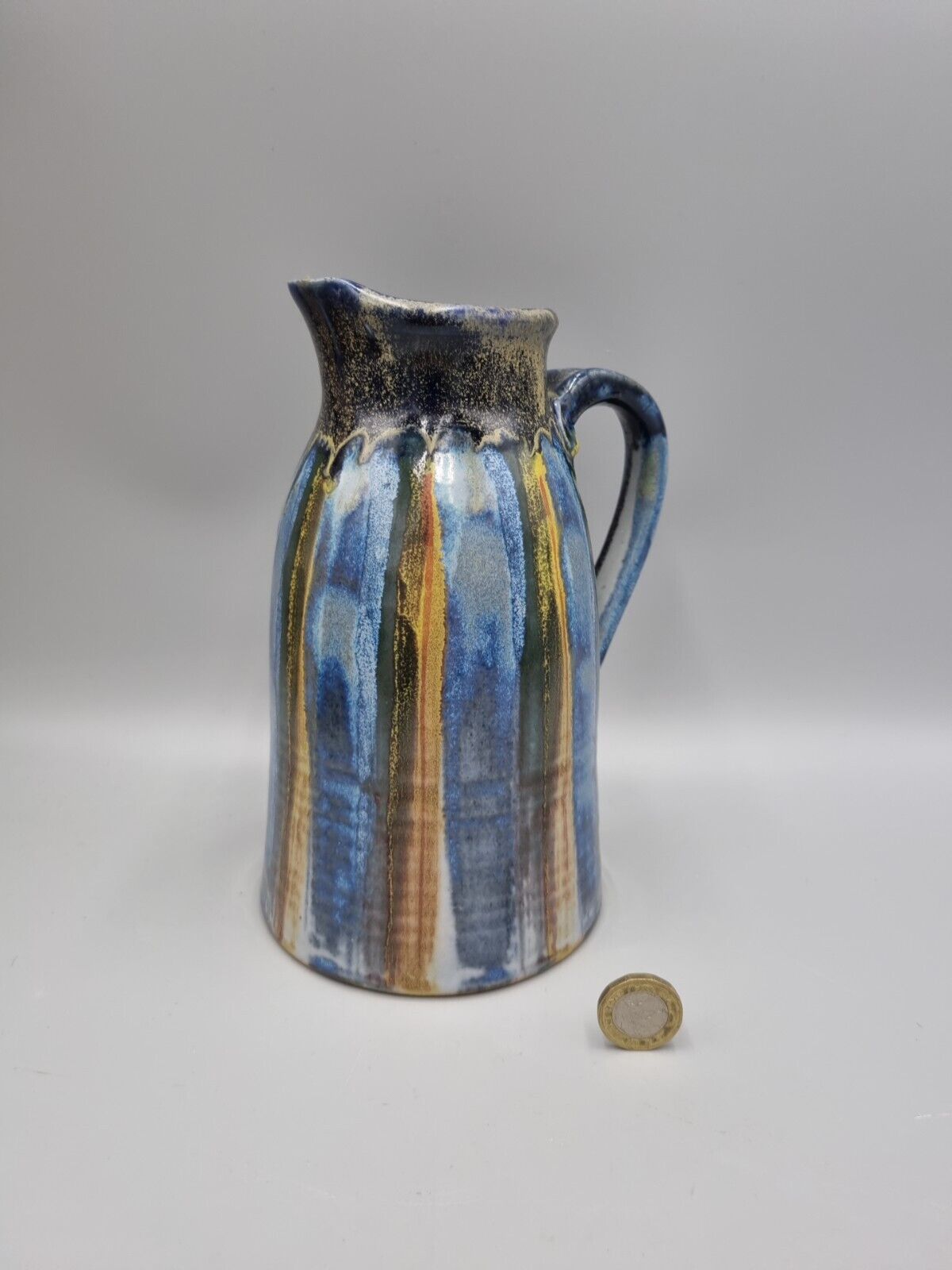 A Studio Pottery Tall Cylinder Jug / Pitcher, Unmarked.