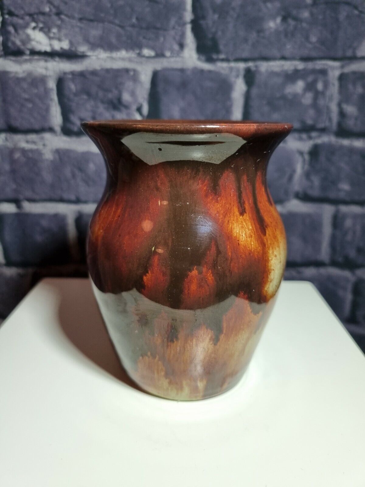 Ewenny Pottery Wales small Vase Mottled Amber / brown / red, VGC, H=11.5cm.