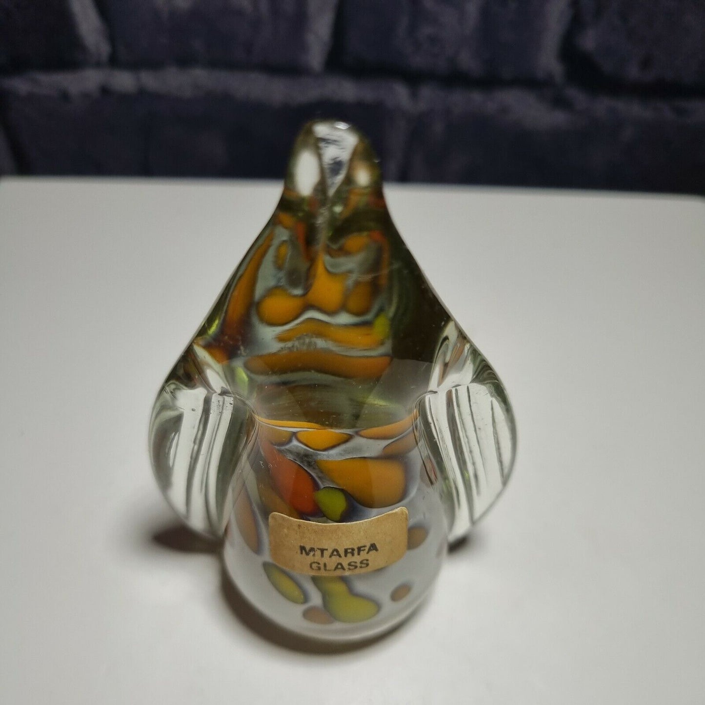 Vintage Mtarfa glass paperweight. Labelled, orange and yellow.