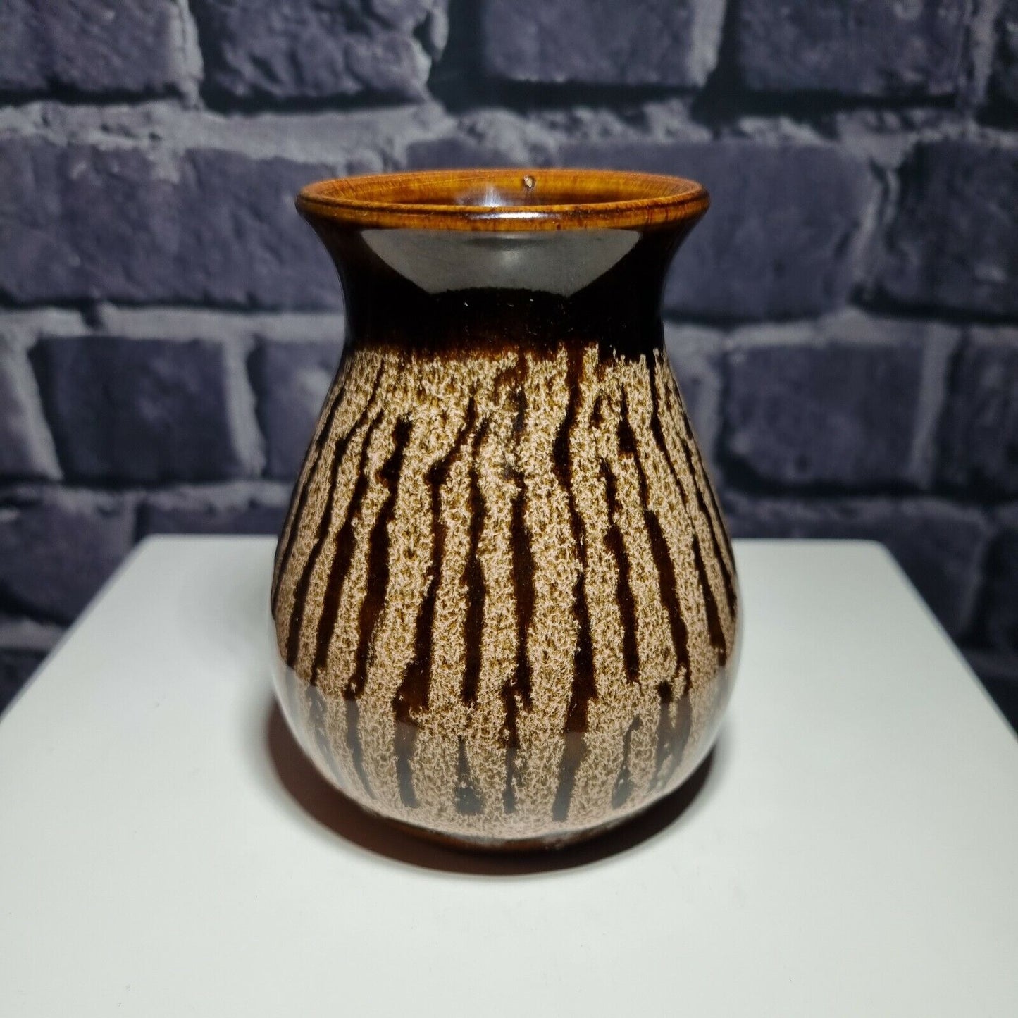 Small Pottery Posy Flower Vase, Rich Brown Honeycomb Glaze, signed, VGC.