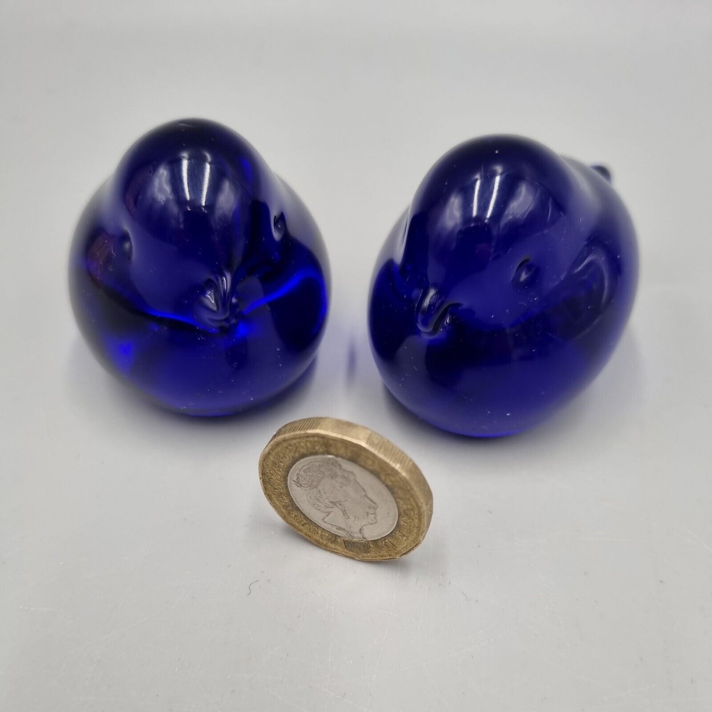 A Pair Of Small Studio Glass Paperweight Cobalt Blue Bird, Reijmyre Style Sweden