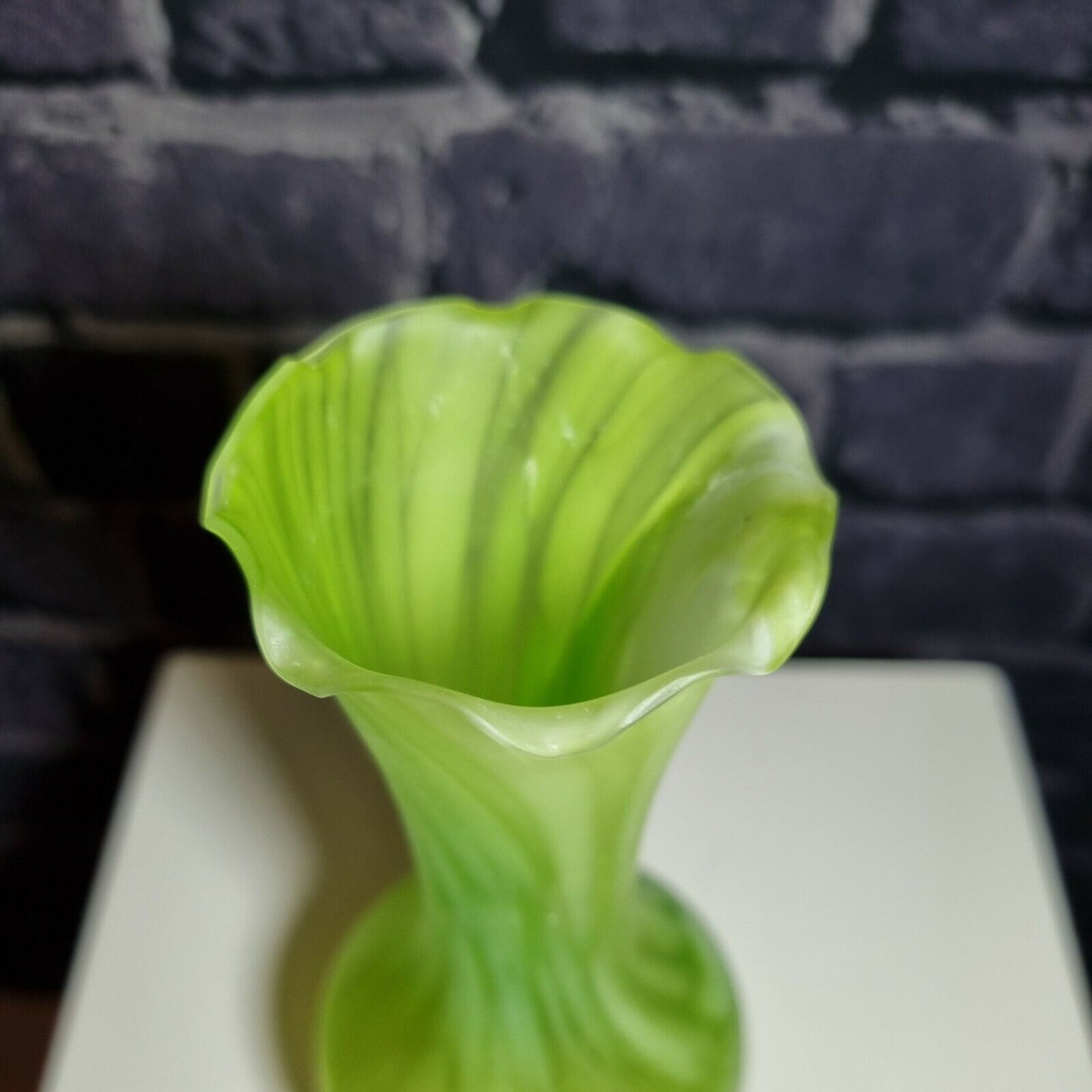 A green and White Frosted Vintage glass posy / bud vase with frilled mouth, VGC.