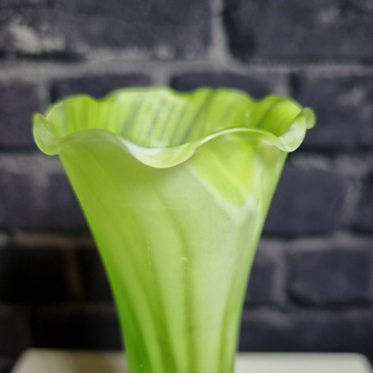 A green and White Frosted Vintage glass posy / bud vase with frilled mouth, VGC.