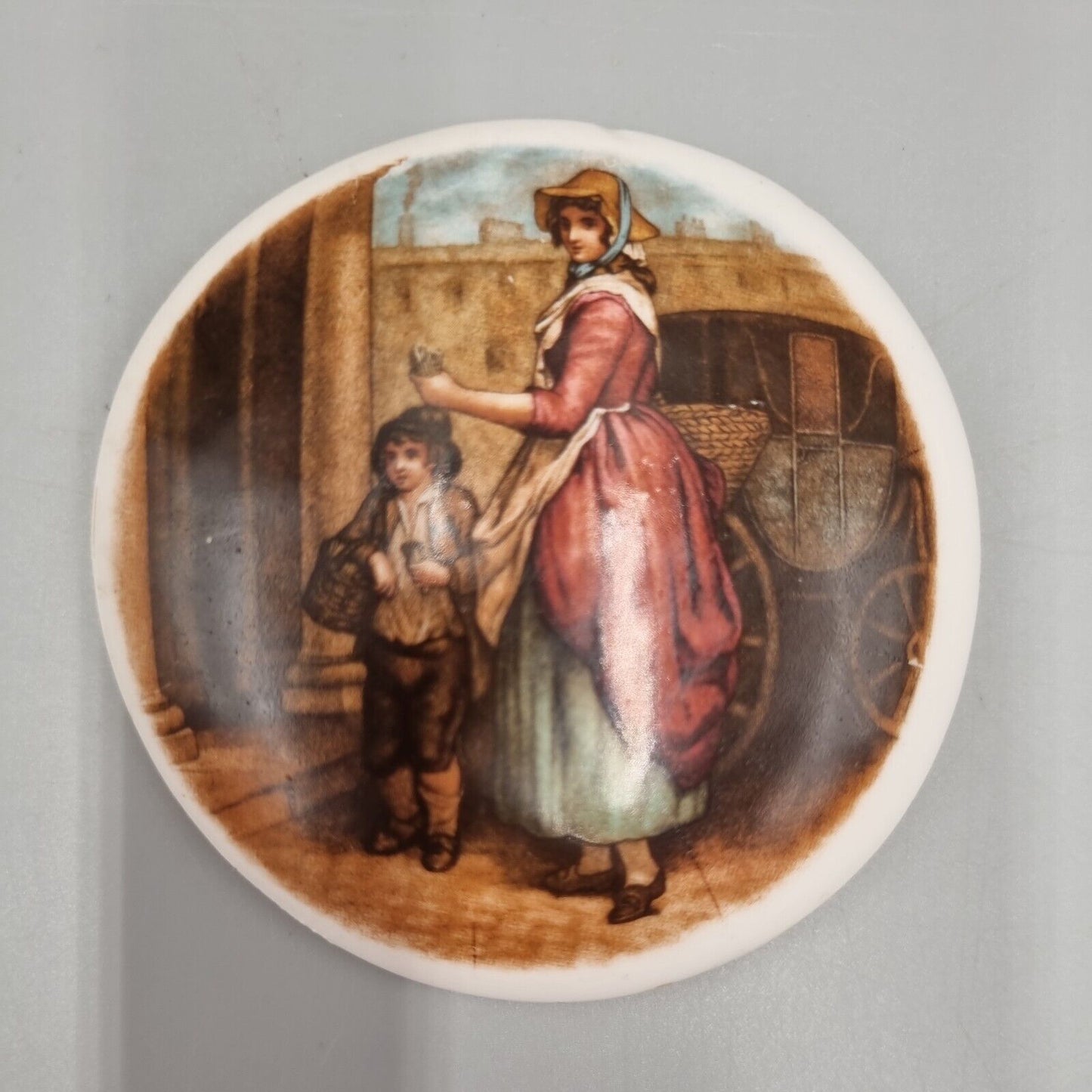 Vintage Prattware / Mayer ? Pot Lid With Transfer, Woman And Boy Pencil Seller