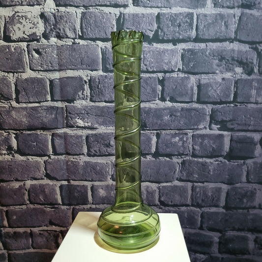 VINTAGE GLASS  Vase GREEN Hand-blown Spiral trail, crimp finish, Bohemian?