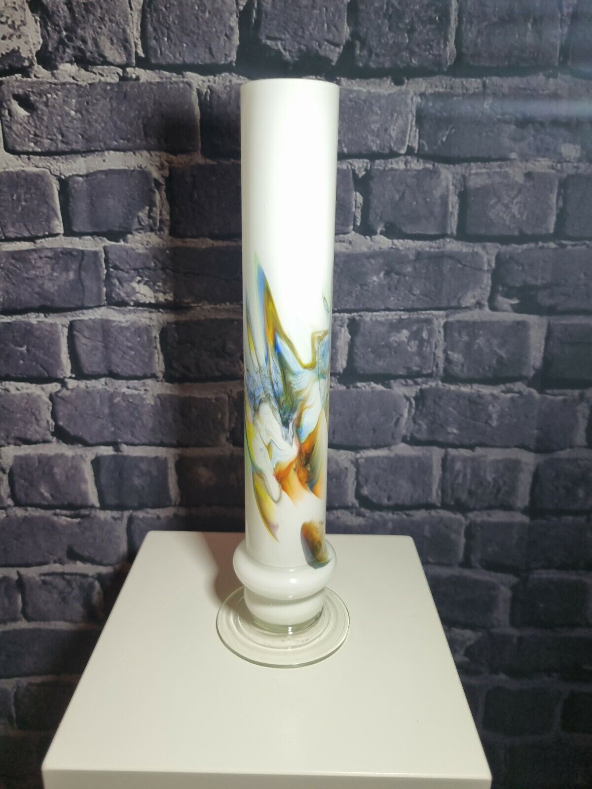 Retro 1970's Chinese Dalian Glass 'Snowflake' White & Coloured Tall Vase