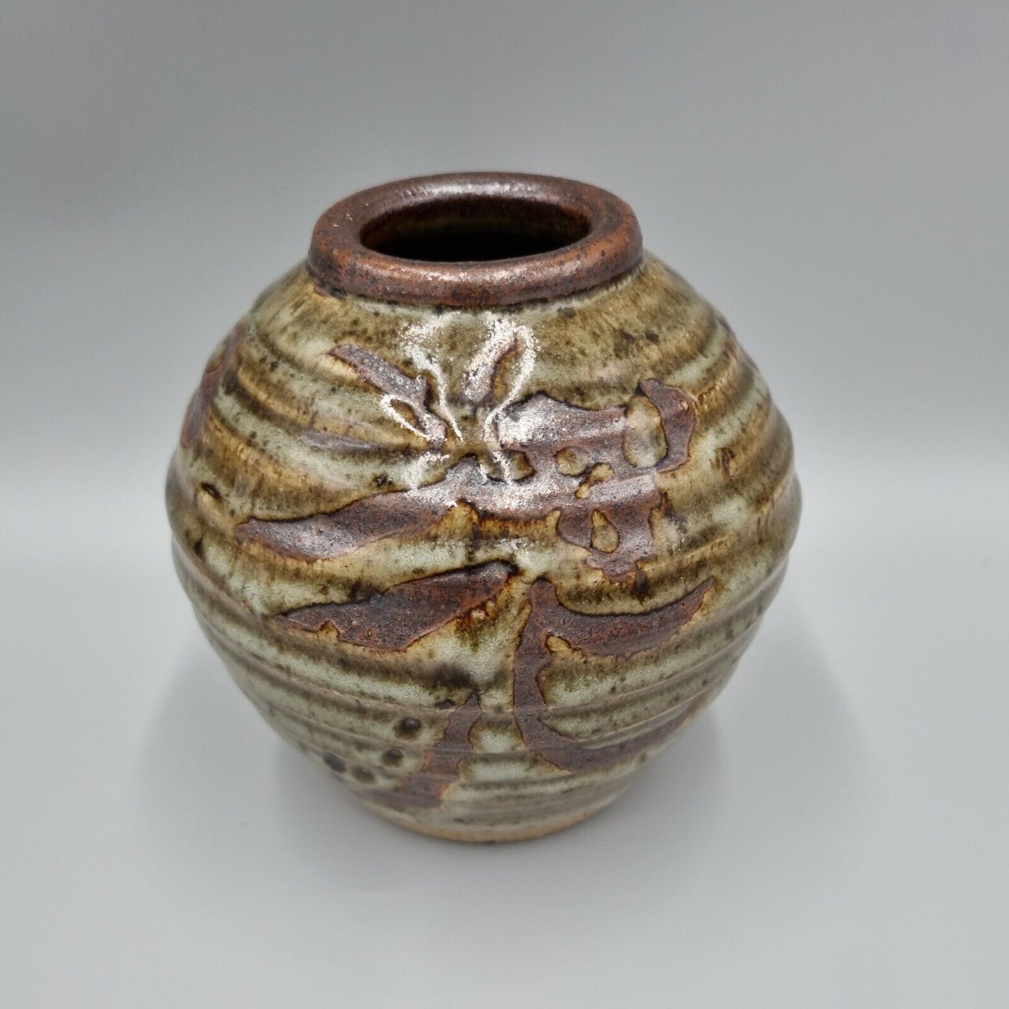 A Studio Pottery Bowl Vase, ribbed with Japanese Script, VGC.