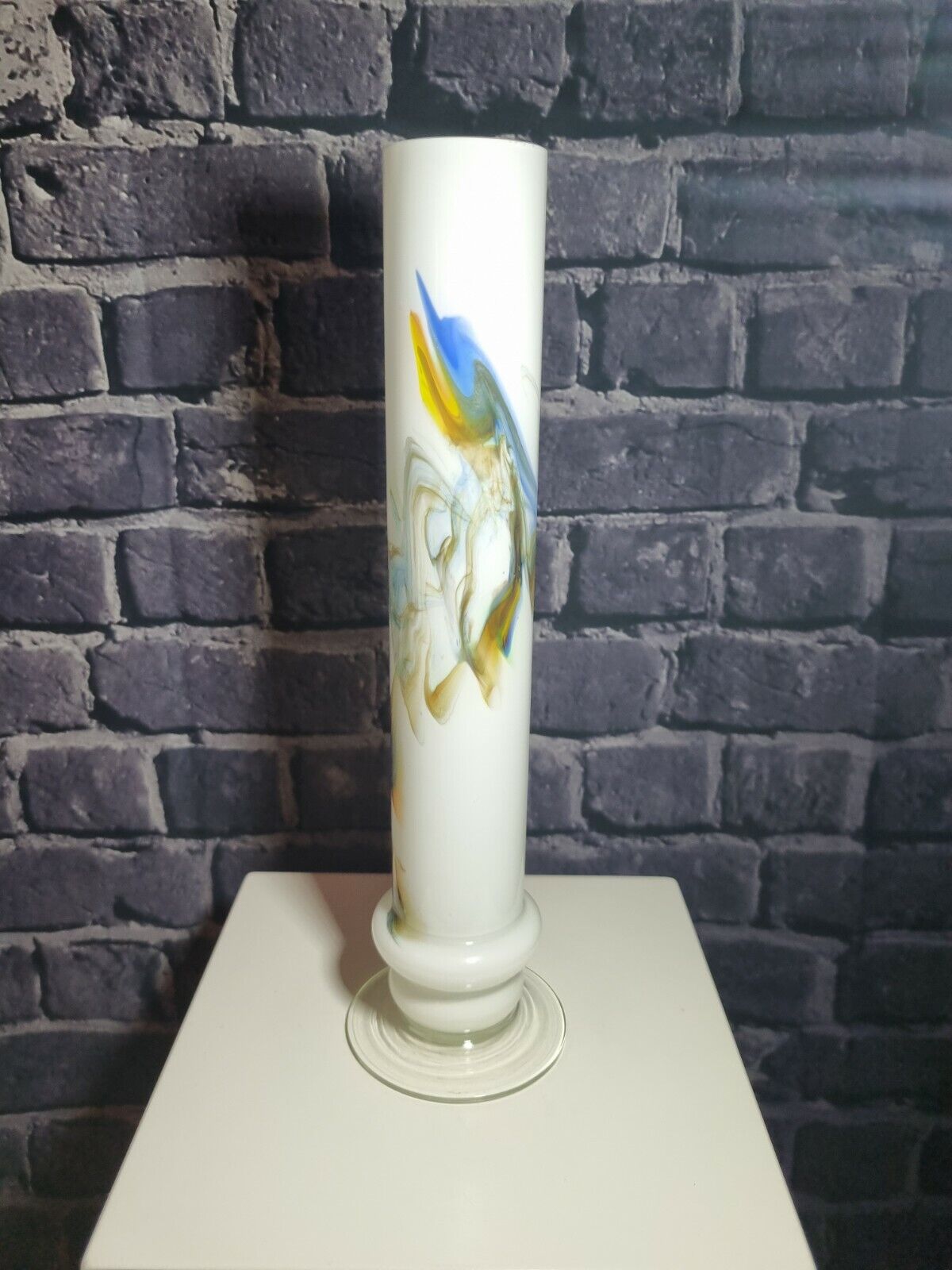 Retro 1970's Chinese Dalian Glass 'Snowflake' White & Coloured Tall Vase