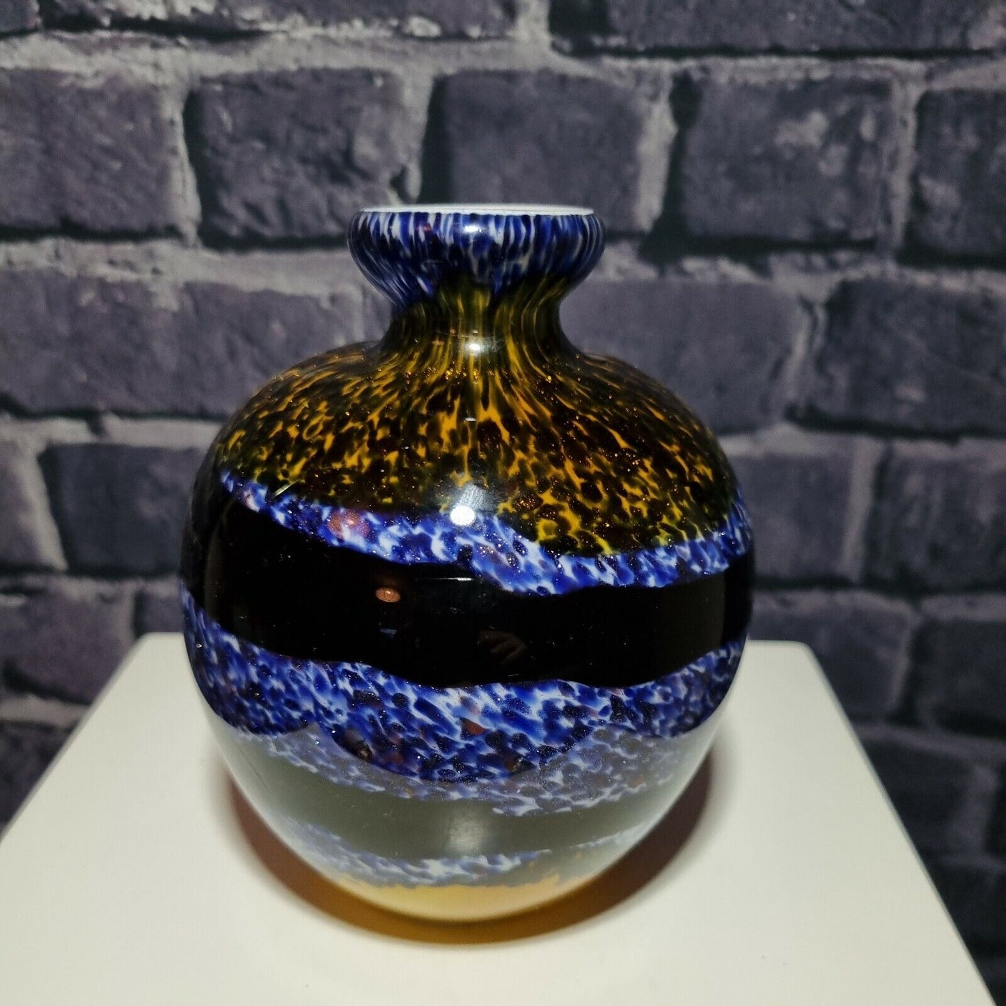 Studio Art Glass Bud Vase. Sparkling  Yellow and Purple Abstract. VGC.