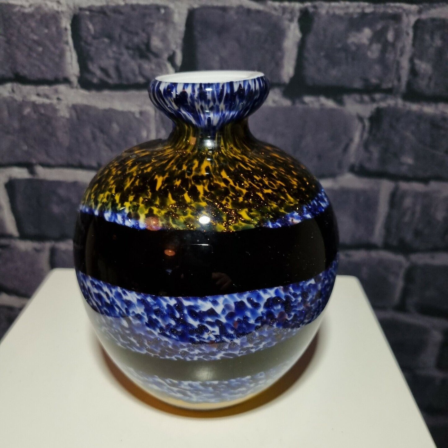 Studio Art Glass Bud Vase. Sparkling  Yellow and Purple Abstract. VGC.