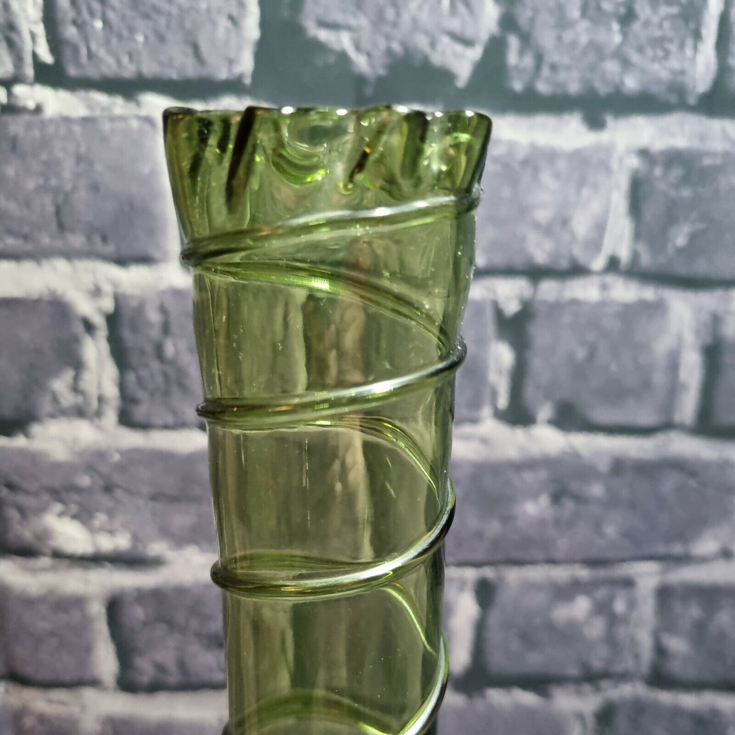 VINTAGE GLASS  Vase GREEN Hand-blown Spiral trail, crimp finish, Bohemian?