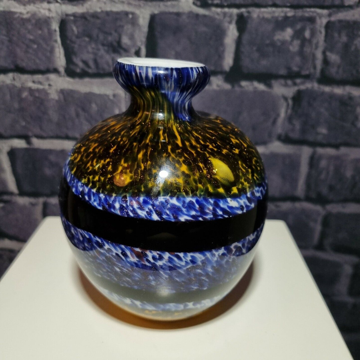 Studio Art Glass Bud Vase. Sparkling  Yellow and Purple Abstract. VGC.