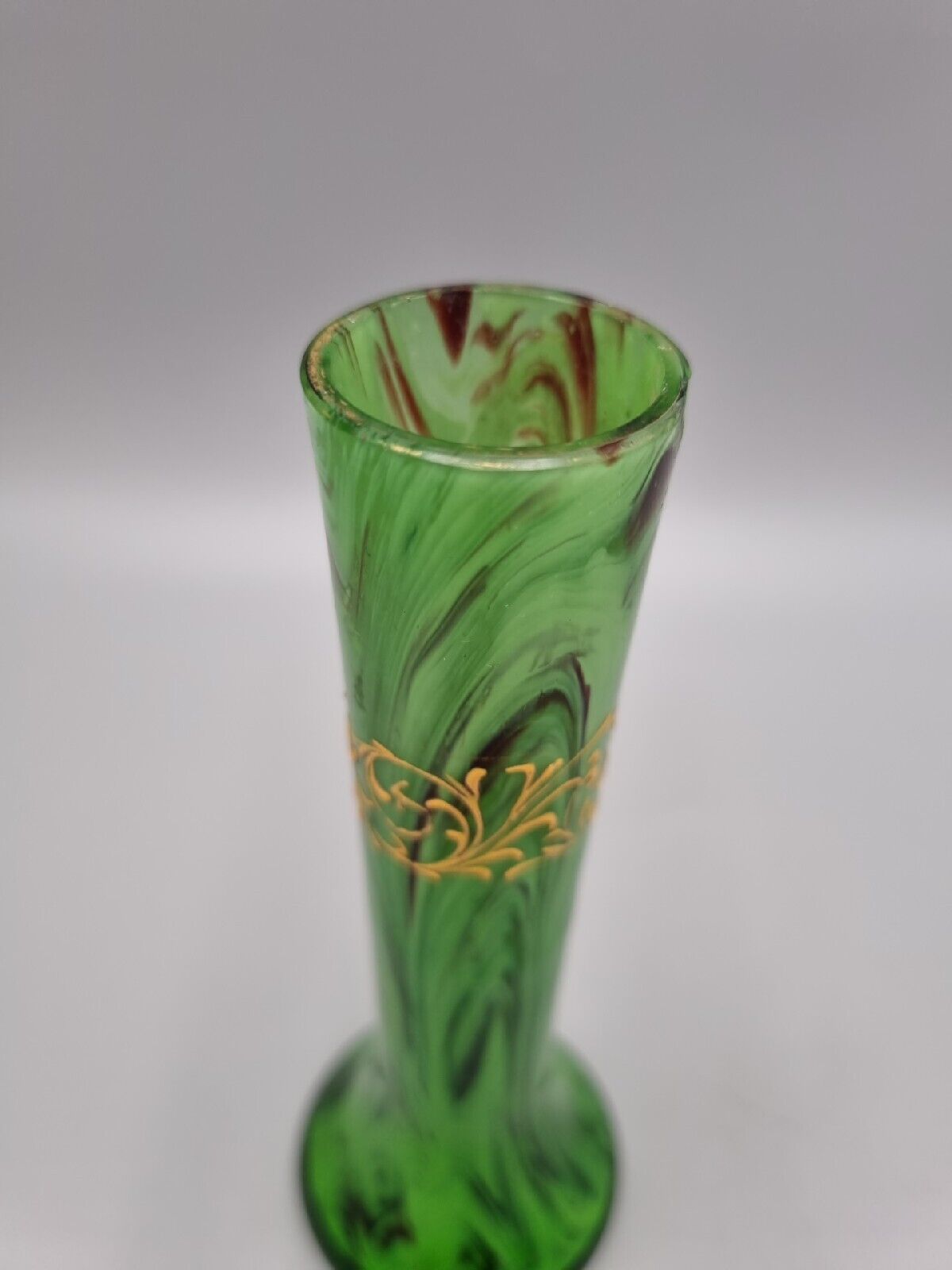 A Small Green Studio Glass Posy / Bud Spill Vase with Gold Enamel Decoration.