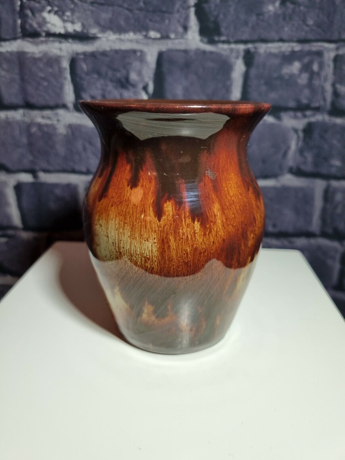 Ewenny Pottery Wales small Vase Mottled Amber / brown / red, VGC, H=11.5cm.