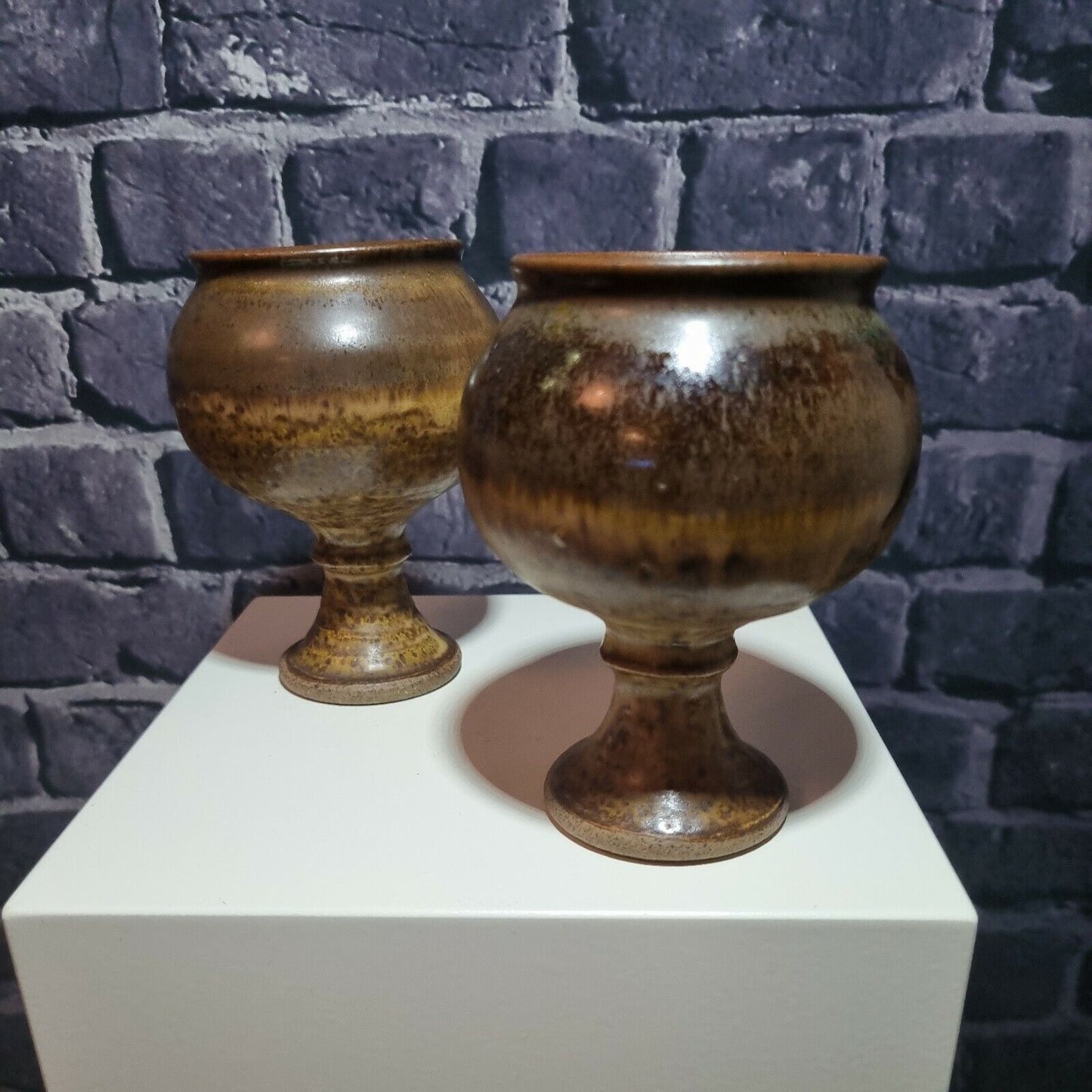 Pair of Studio Pottery Stoneware MCM Vintage Handmade Speckle Goblet Cup, mark.