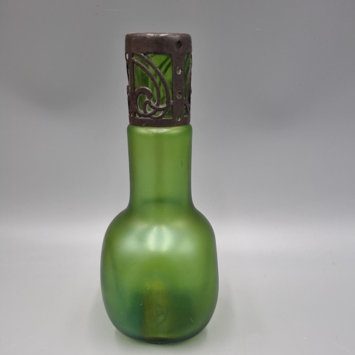 An Antique Loetz, Art Nouveau, Green Glass Metal Overlay Vase.