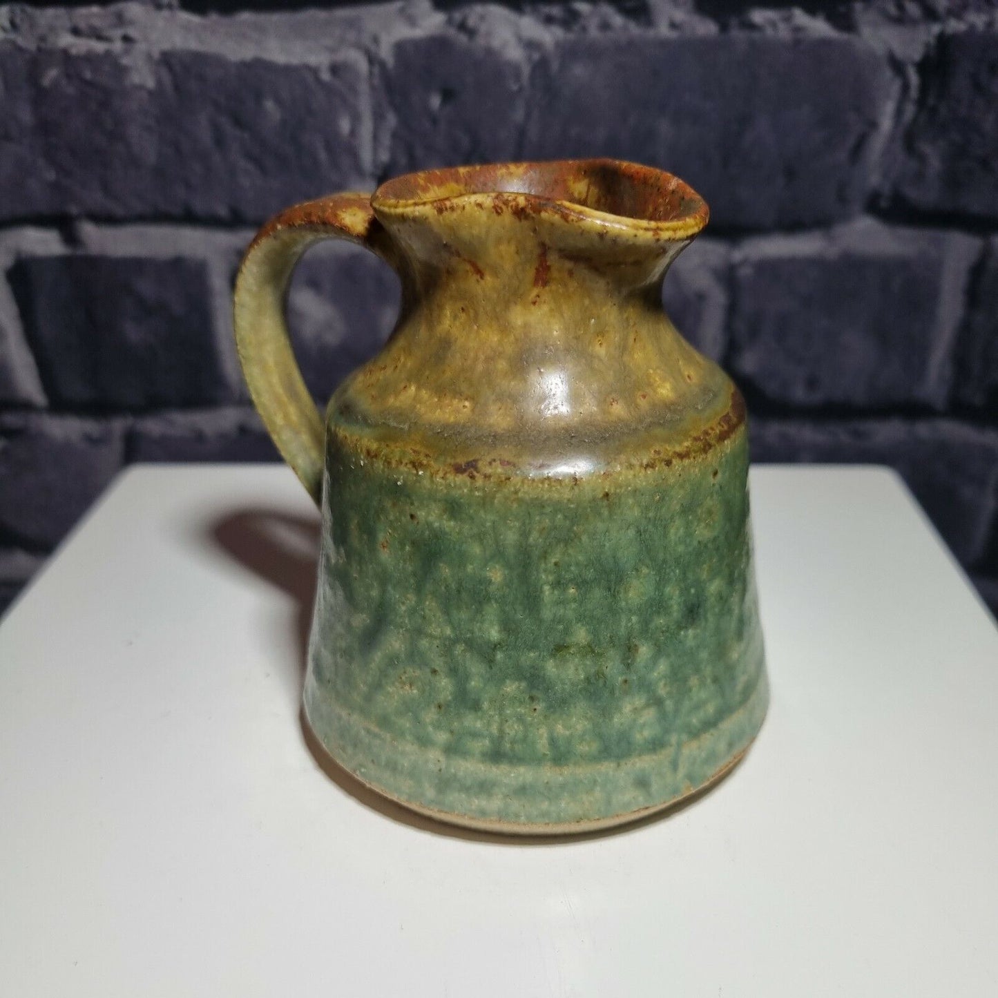 Vintage Janet Upton, Slindon Pottery Studio, Green / Brown Jug, 9cm Tall.