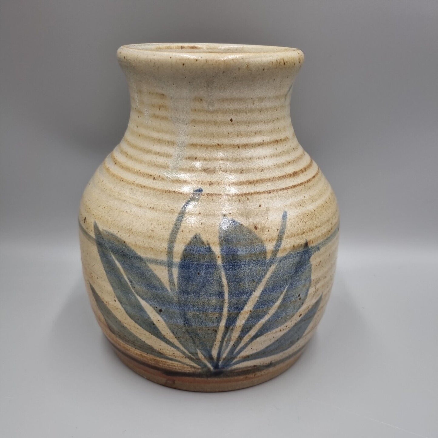 A Substantial Studio Pottery Vase, Blue Leaf Decoration. Unmarked.