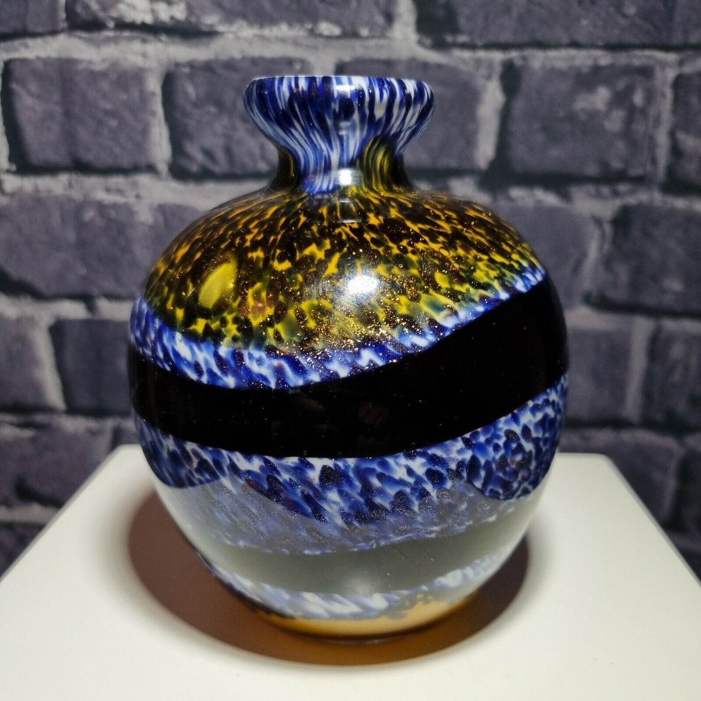 Studio Art Glass Bud Vase. Sparkling  Yellow and Purple Abstract. VGC.