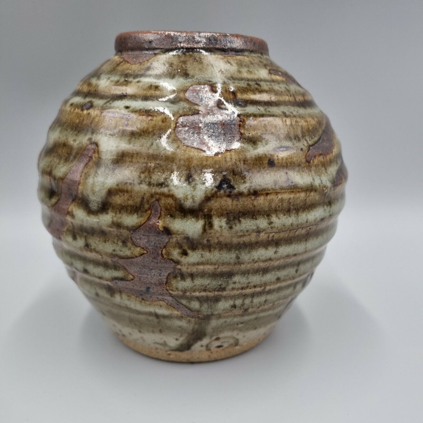 A Studio Pottery Bowl Vase, ribbed with Japanese Script, VGC.