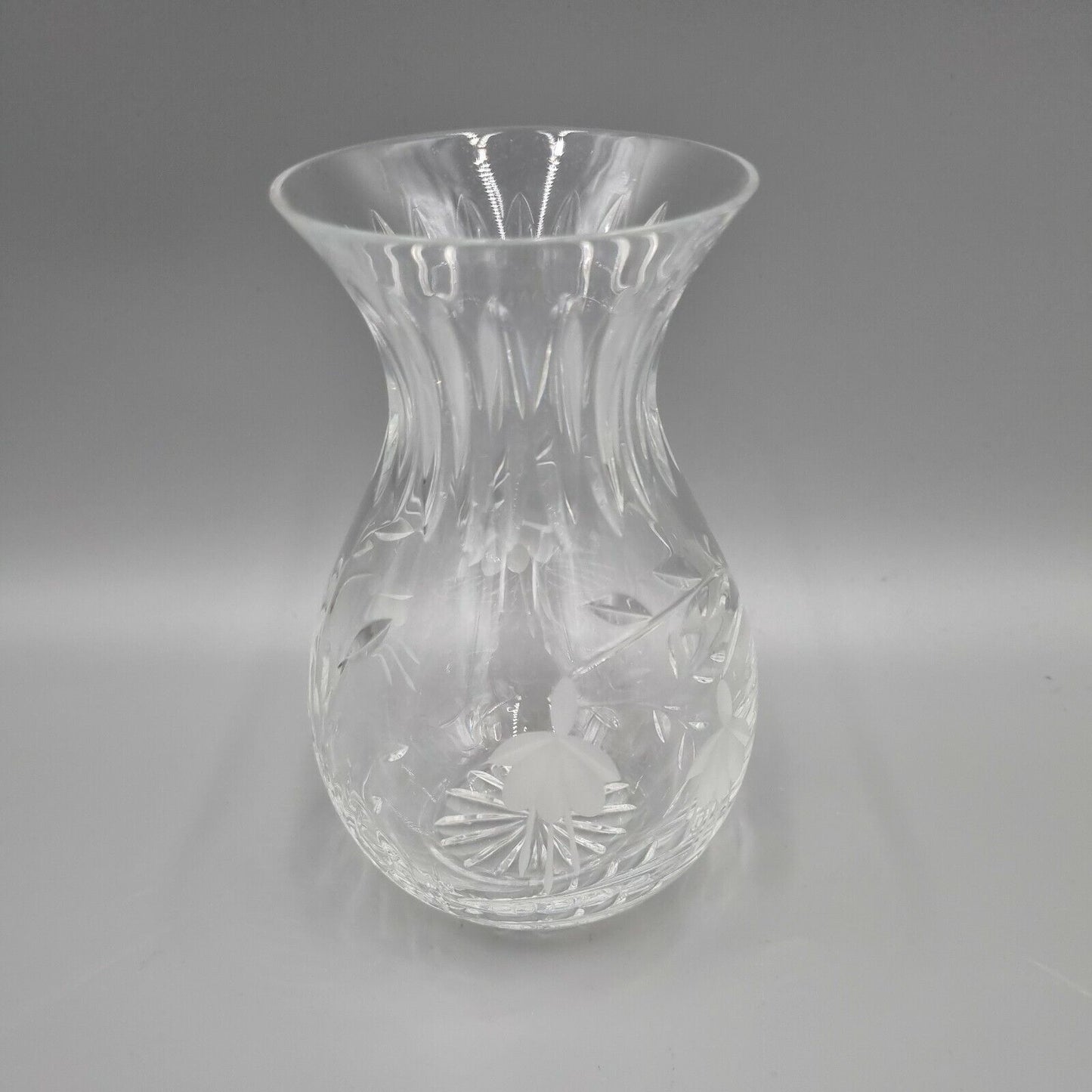 A Stuart Crystal Hand Engraved Bulb Vase, Fuchsia Design. VGC. H - 6".