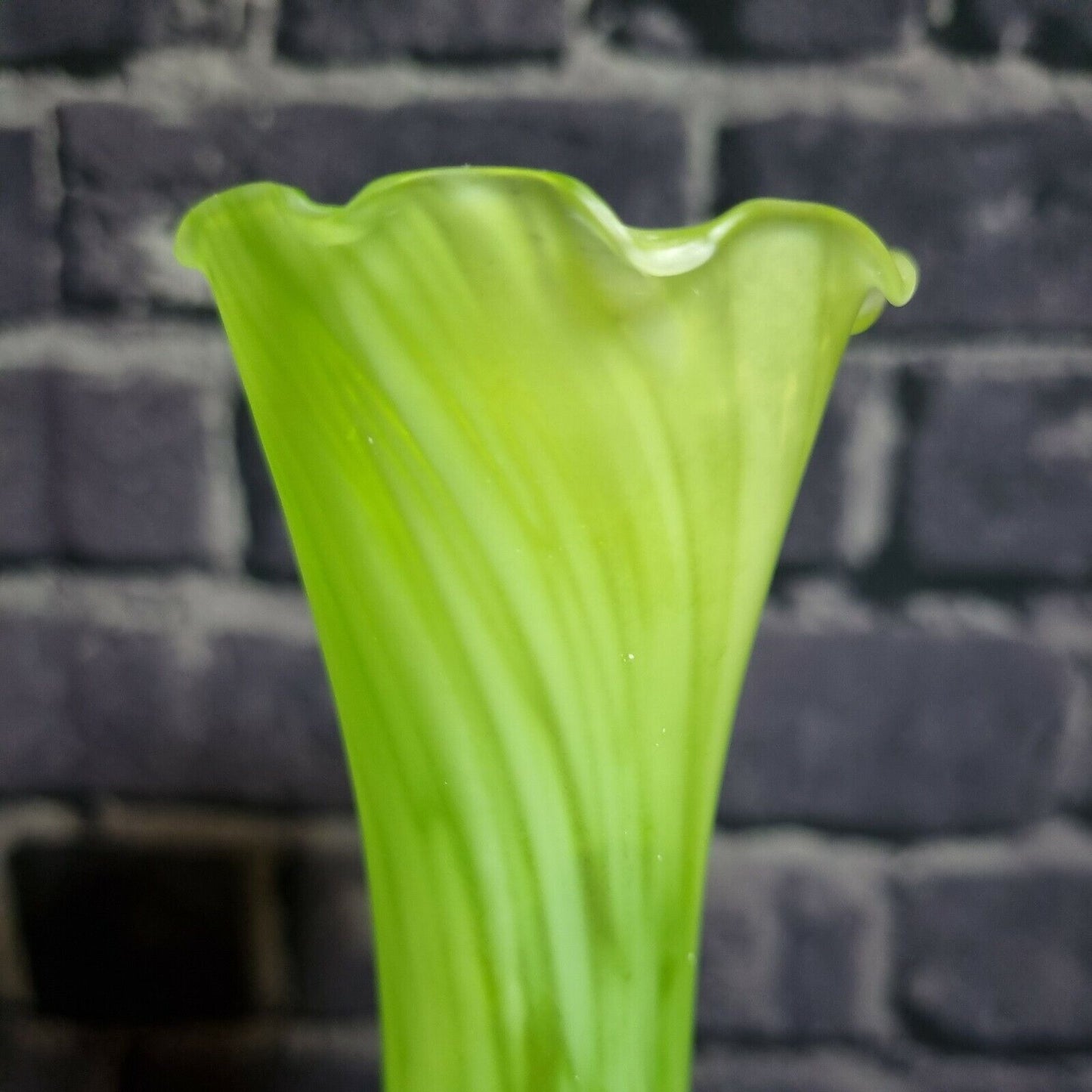 A green and White Frosted Vintage glass posy / bud vase with frilled mouth, VGC.