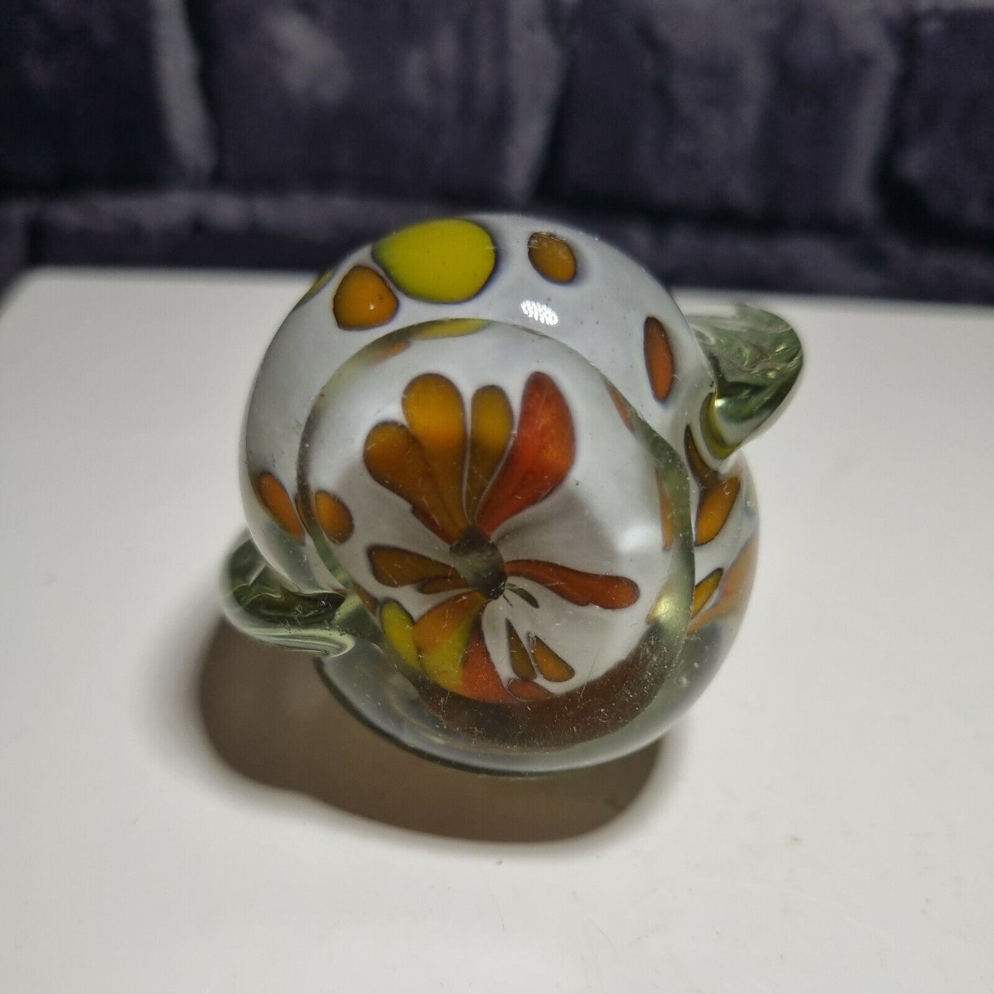 Vintage Mtarfa glass paperweight. Labelled, orange and yellow.