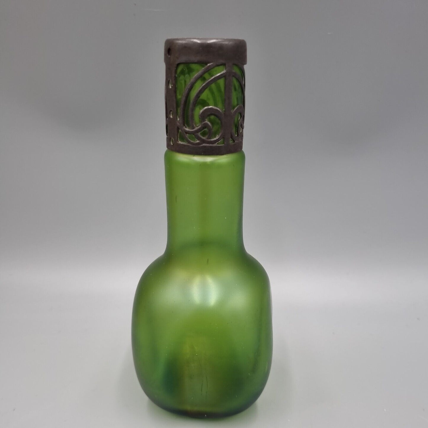 An Antique Loetz, Art Nouveau, Green Glass Metal Overlay Vase.