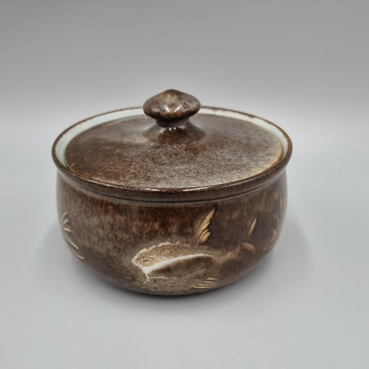 A Small Lidded Studio Pottery Bowl With Fish Motif Decoration, Marked to Base.