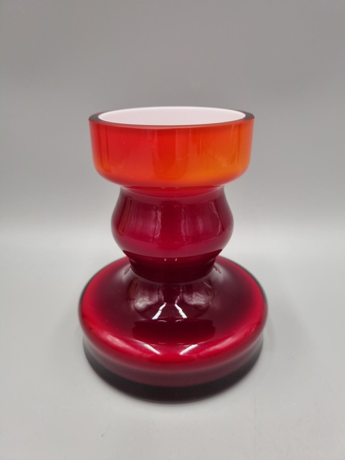 A Studio Glass Cased Red & White Glass Candlestick Holder From Poland.