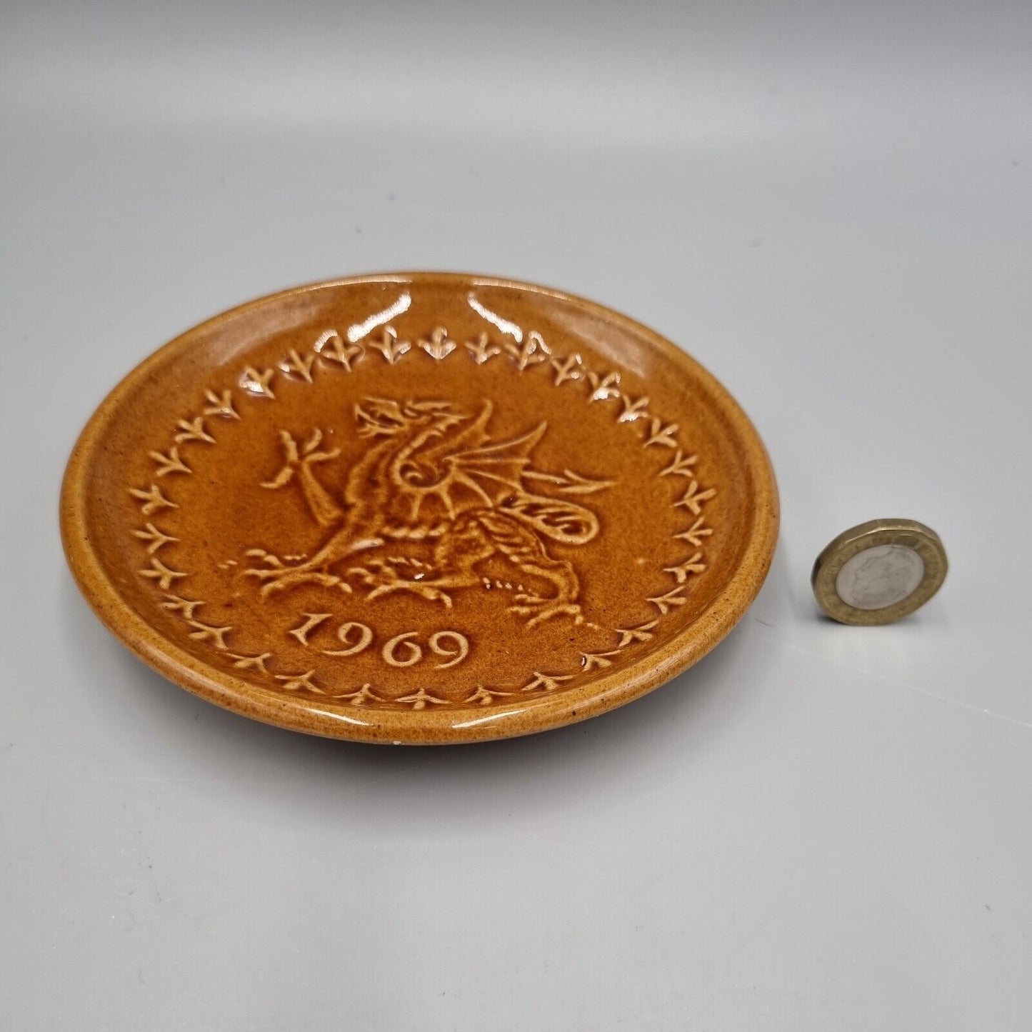 A Vintage Rye Pottery Small Plate / Dish, Centenary 1869 to 1969, Orange Dragon.