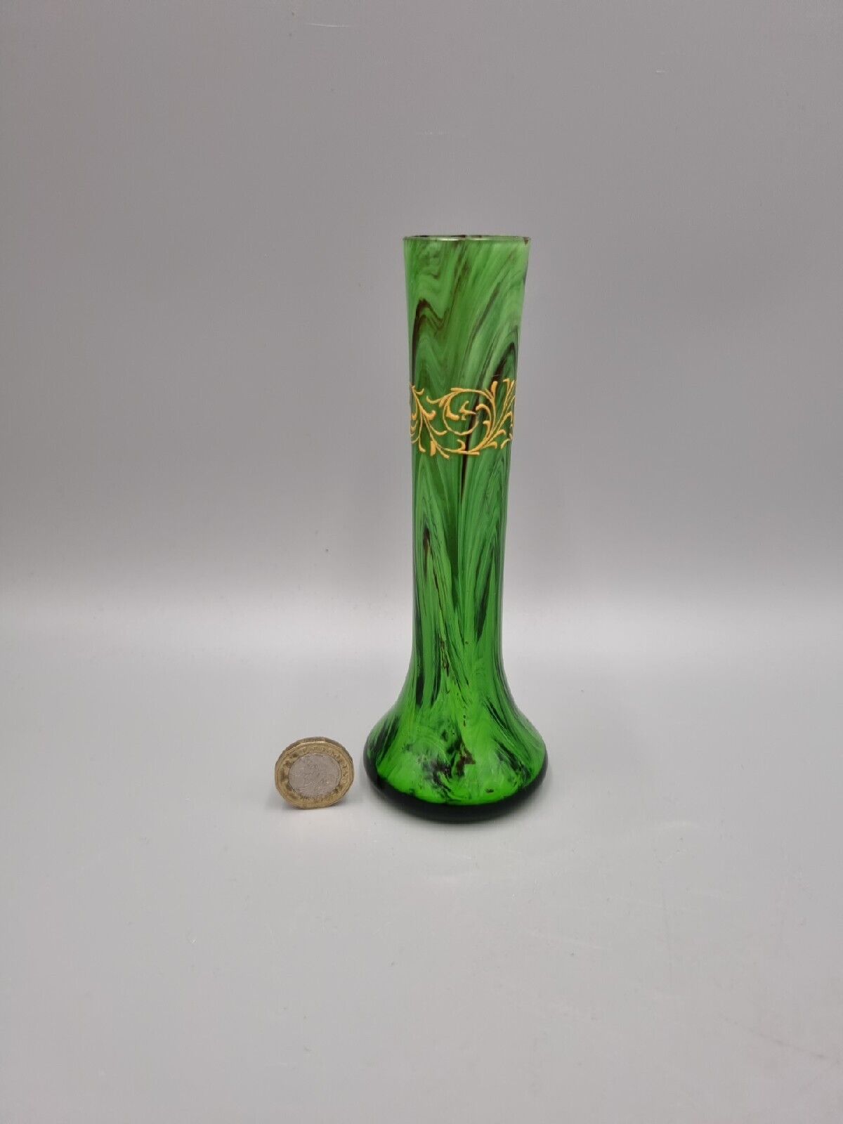 A Small Green Studio Glass Posy / Bud Spill Vase with Gold Enamel Decoration.