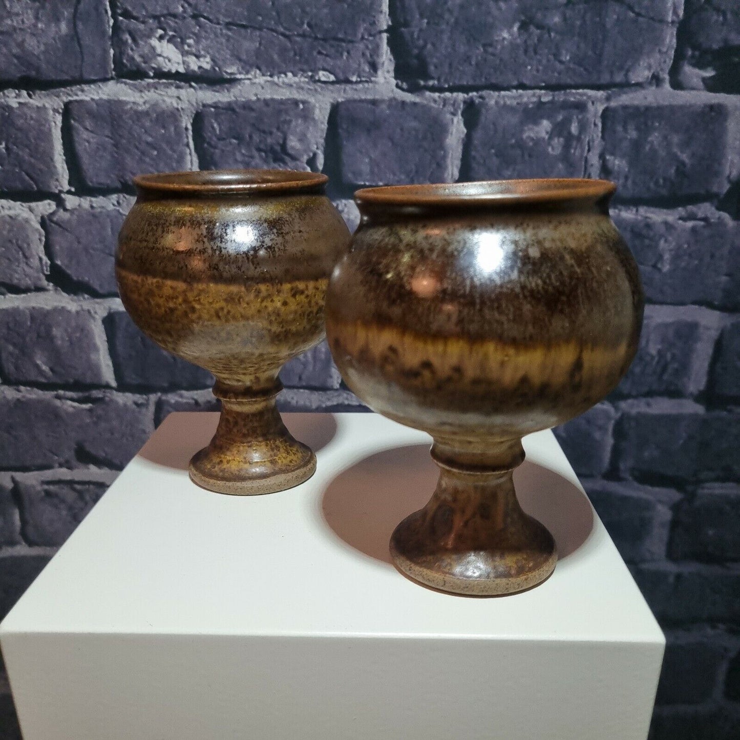 Pair of Studio Pottery Stoneware MCM Vintage Handmade Speckle Goblet Cup, mark.