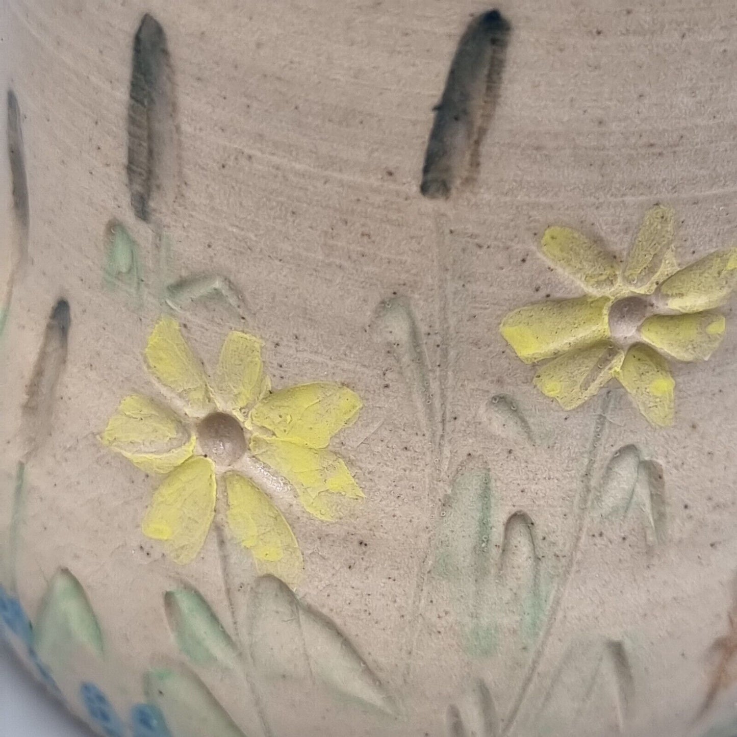 A Studio Pottery Vase With Impressed Flower Decoration, Marked To Base.