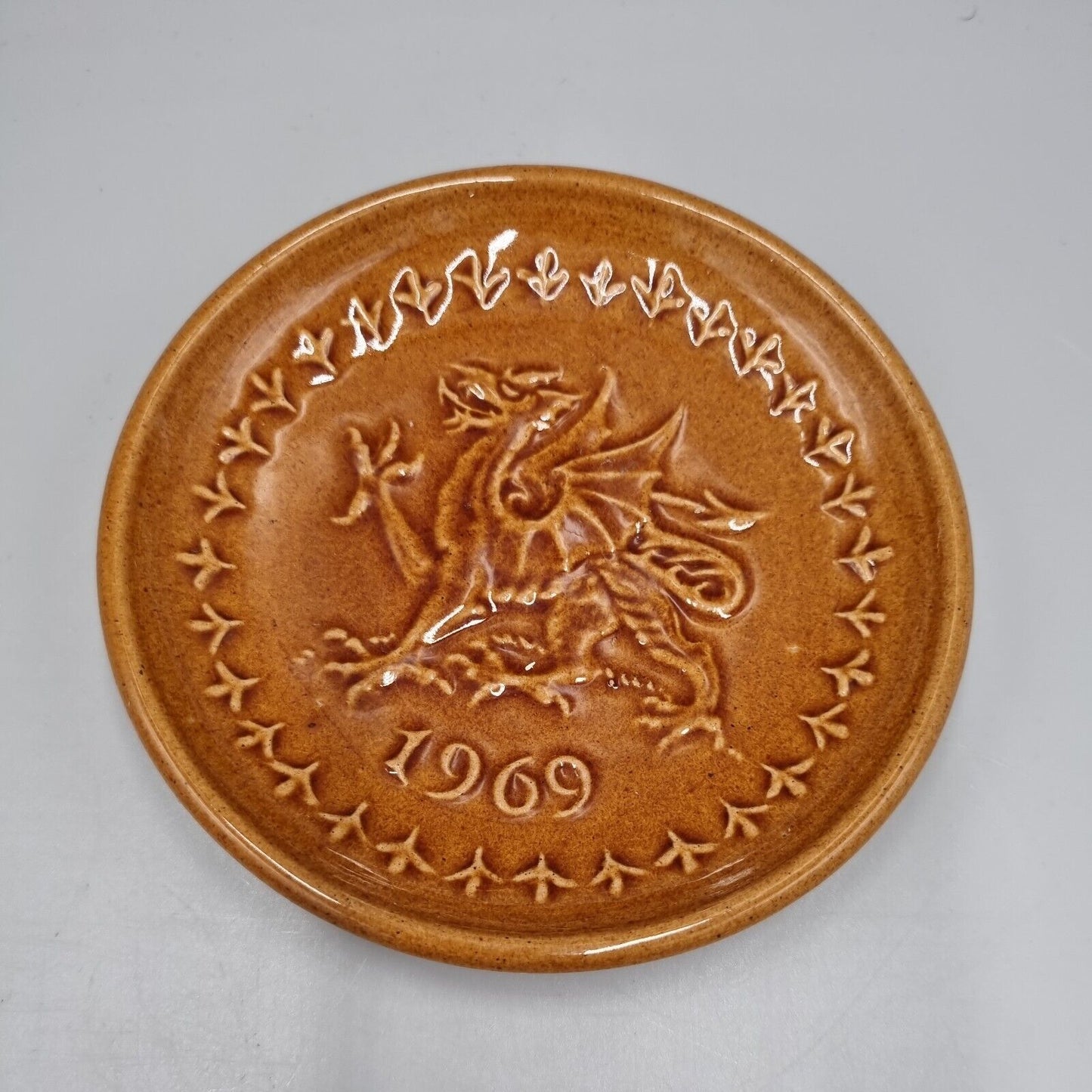 A Vintage Rye Pottery Small Plate / Dish, Centenary 1869 to 1969, Orange Dragon.