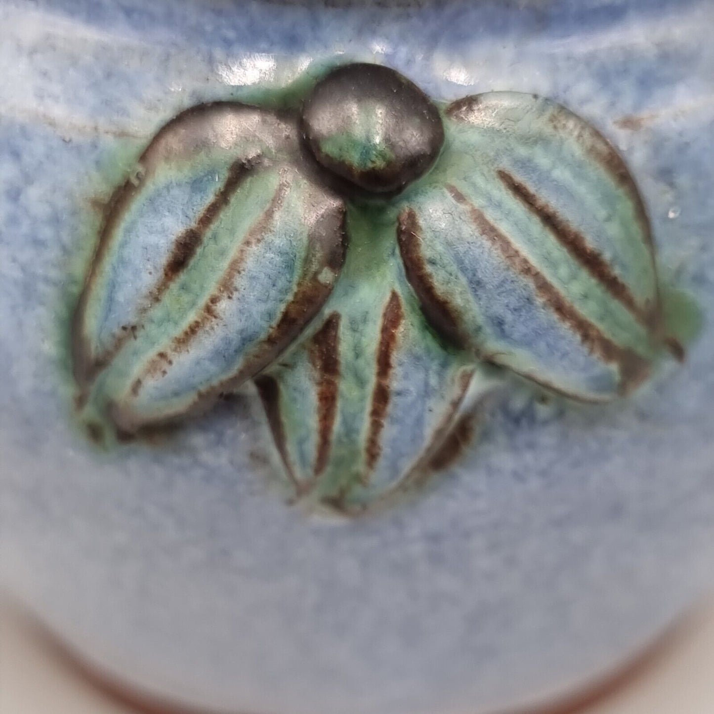 A Studio Pottery Small Pot/Vase/Plant Pot With Leaf Decoration, Incised 'B'.