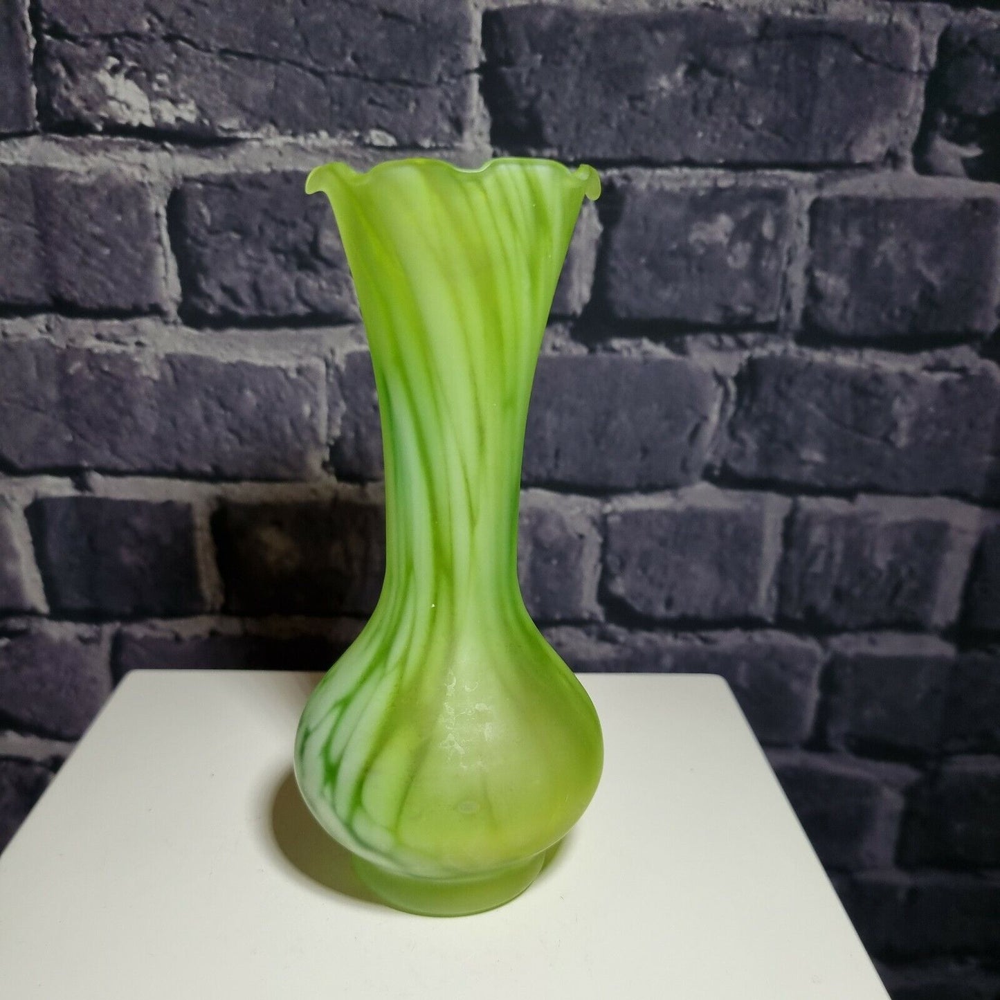 A green and White Frosted Vintage glass posy / bud vase with frilled mouth, VGC.